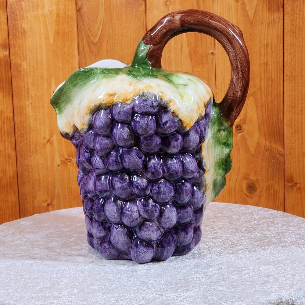 Vintage Portuguese Grape Pitcher Majolica Style Purple Vine Handle Hand Painted